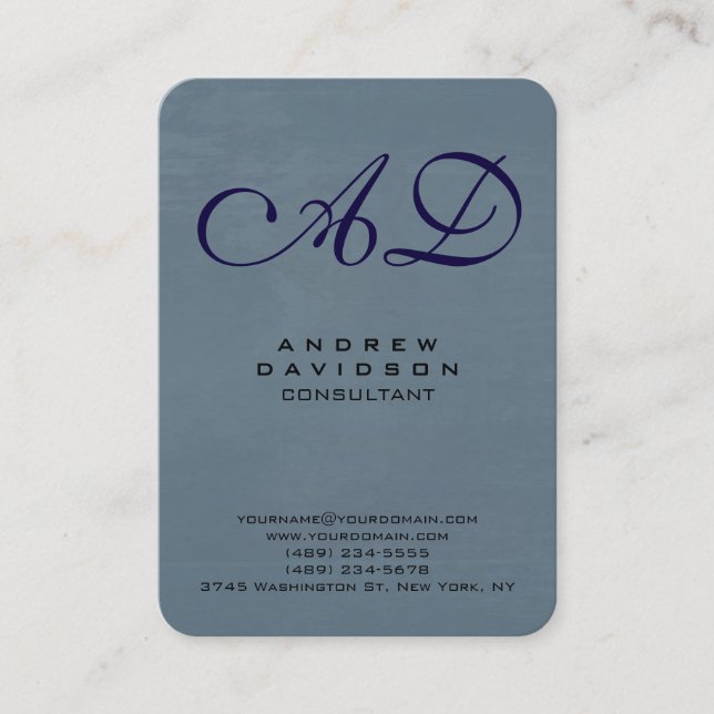 Trendy Blue Gray Handwriting Script Monogram Business Card (Front)