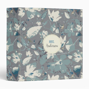 Trendy Blue Gray Watercolor Floral Teacher 3 Ring Binder