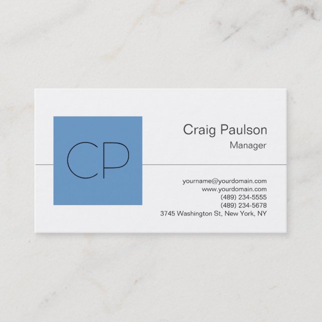 Trendy Blue Gray White Monogram Business Card (Front)