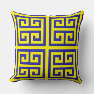 Trendy Blue Greek Key Pattern On Yellow Throw Pillow