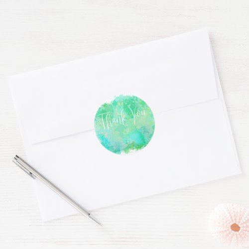 Trendy Blue Green and Yellow Watercolor Thank You Classic Round Sticker