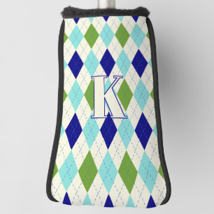 Trendy Blue & Green Argyle Pattern Modern Monogram Golf Head Cover