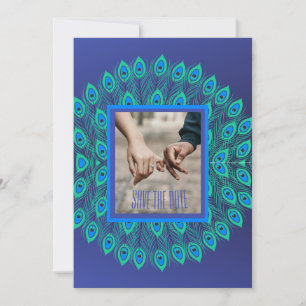 TRENDY BLUE GREEN PEACOCK BIRD FEATHER PATTERNED INVITATION