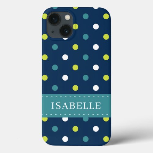 Trendy Blue Green Polka Dot Add Your Name iPhone 13 Case