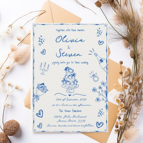 Trendy Blue Hand Drawn Quirky Scribble Wedding  Invitation