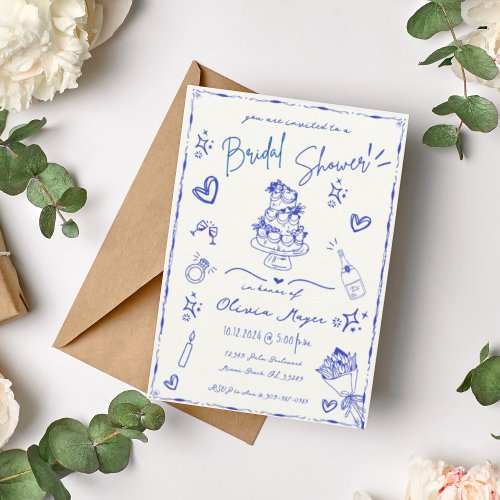 Trendy Blue Hand Drawn Scribble Fun Bridal Shower Invitation