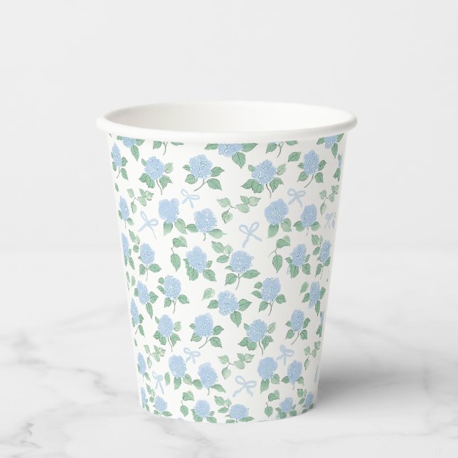 Trendy Blue Hydrangea and Bows Paper Cups (Front)