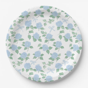 Trendy Blue Hydrangea and Bows Paper Plates