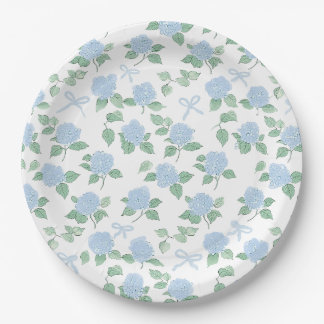 Trendy Blue Hydrangea and Bows Paper Plates