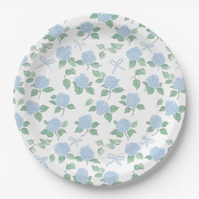 Trendy Blue Hydrangea and Bows Paper Plates (Front)