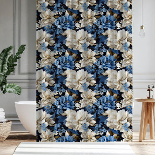 Trendy Blue Ivory Floral Bathroom Shower Curtain