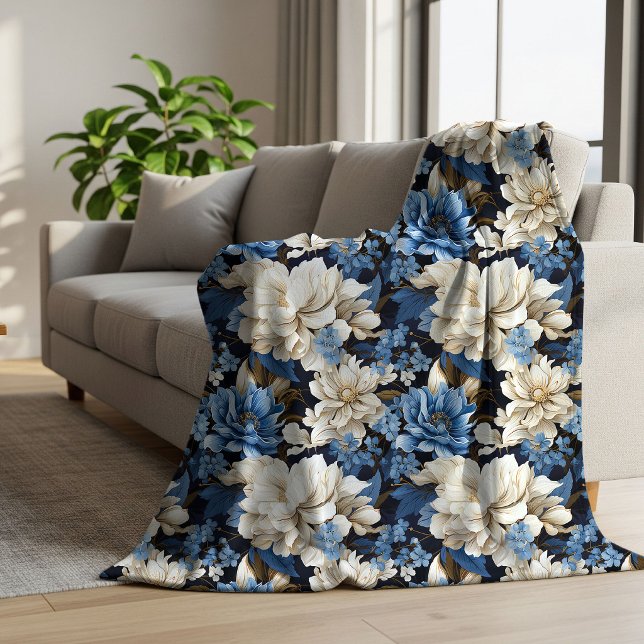 Trendy Blue Ivory Floral Cozy Soft Throw Blanket (Trendy Blue Ivory Floral Cozy Soft Throw Blanket)