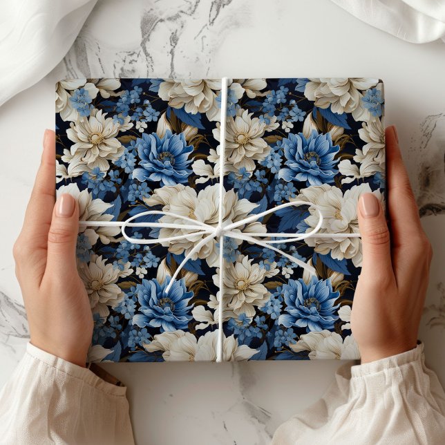 Trendy Blue Ivory Floral Decorative Wrapping Paper (Trendy Blue Ivory Floral Decorative Wrapping Paper)