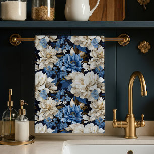 Trendy Blue Ivory Floral Stylish Kitchen Towel