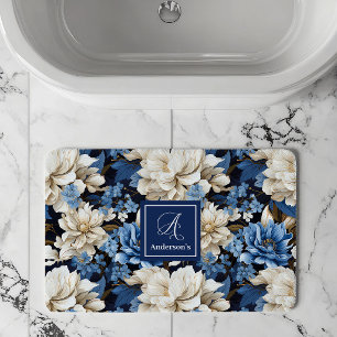 Trendy Blue Ivory Flowers Personalized Bath Mat