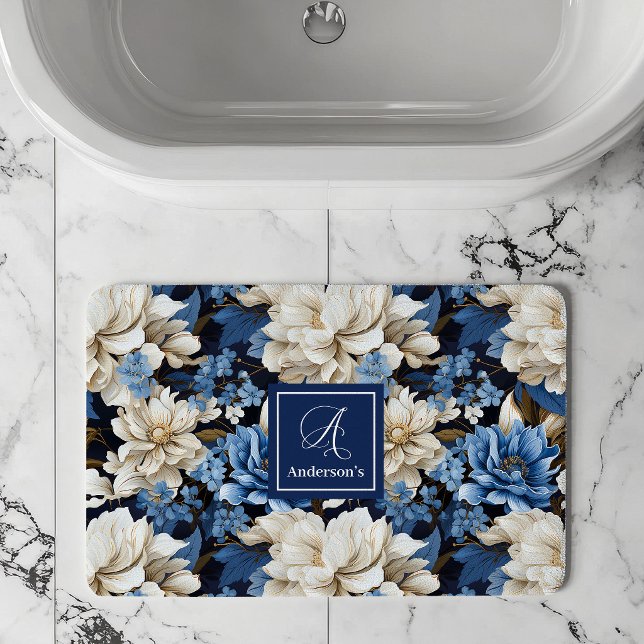 Trendy Blue Ivory Flowers Personalized Bath Mat (Trendy Blue Ivory Flowers Personalized Bath Mat)