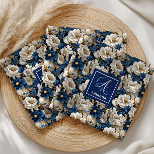 Trendy Blue Ivory Flowers Personalized Cloth Napkin