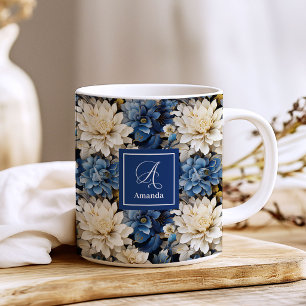 Trendy Blue Ivory Flowers Personalized Coffee Mug