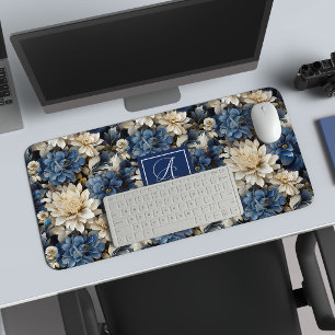 Trendy Blue Ivory Flowers Personalized Desk Mat