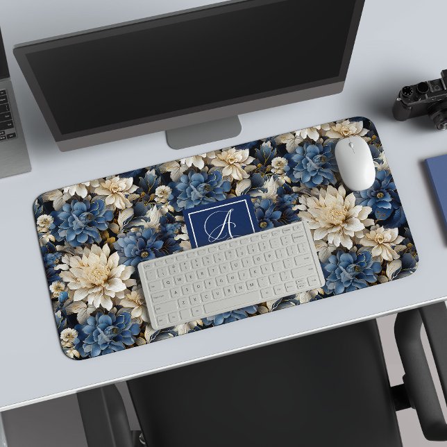 Trendy Blue Ivory Flowers Personalized Desk Mat (Trendy Blue Ivory Flowers Personalized Desk Mat)