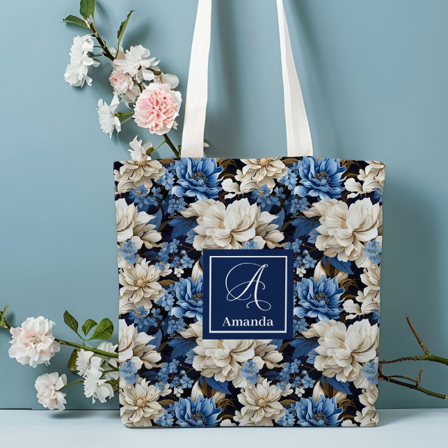 Trendy Blue Ivory Flowers Personalized Tote Bag (Trendy Blue Ivory Flowers Personalized Tote Bag)