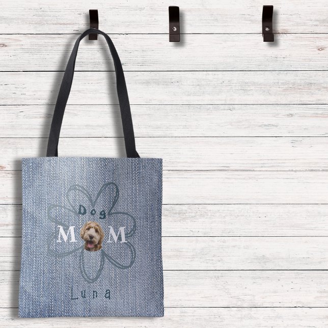 Trendy Blue Jean Dog Photo Mom  Tote Bag (This cute tote has the look of denim, personalized with the name and a picture of your pup!)