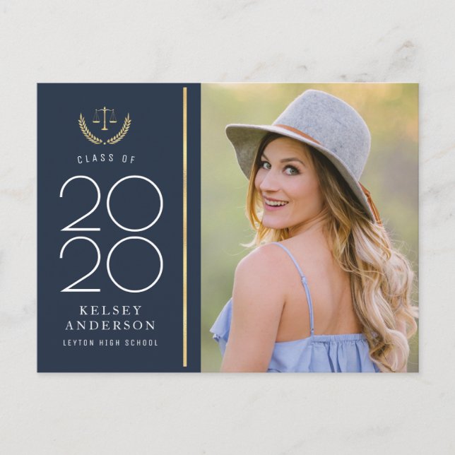 trendy blue law school graduation announcement postcard (Front)