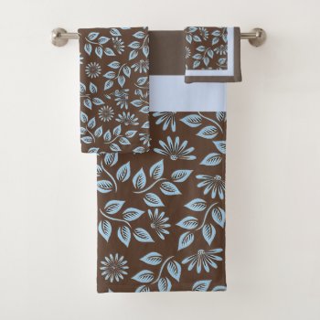 Trendy Blue Leaves On Brown / Monogram Bath Towel Set by Susang6 at Zazzle