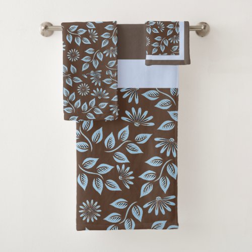 Trendy Blue Leaves on Brown  Monogram Bath Towel Set
