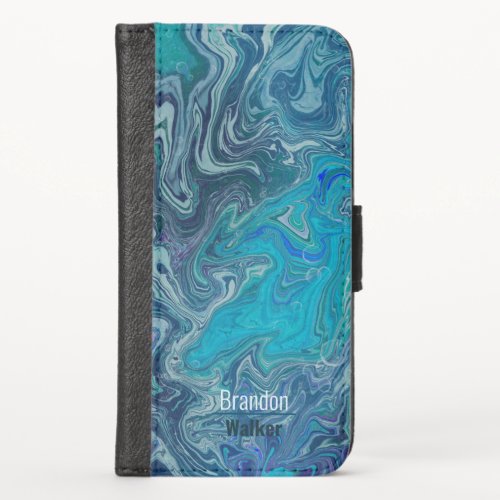 Trendy blue marbling design iPhone x wallet case