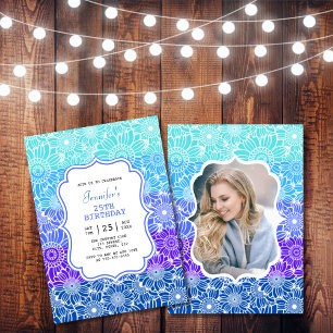 Trendy Blue Mint Stripes Floral Photo Birthday Invitation