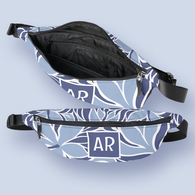 Trendy Blue Modern Floral Pattern Monogram Travel Fanny Pack (Creator Uploaded)