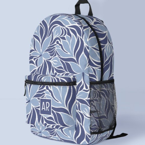 Trendy Blue Modern Floral Pattern Monogrammed Printed Backpack
