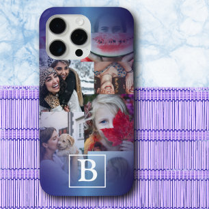 Trendy blue Monogram 6 Photo Collage iPhone 15 Pro Max Case