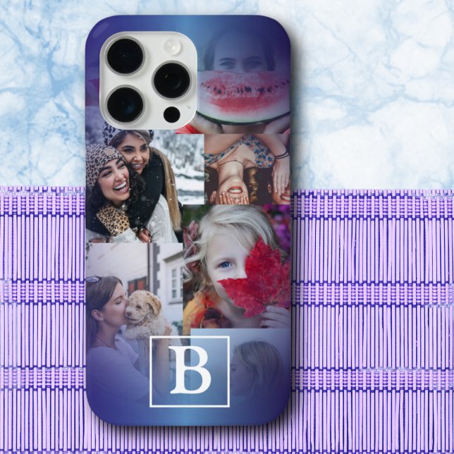 Trendy blue Monogram 6 Photo Collage  Case-Mate iPhone Case (Creator Uploaded)