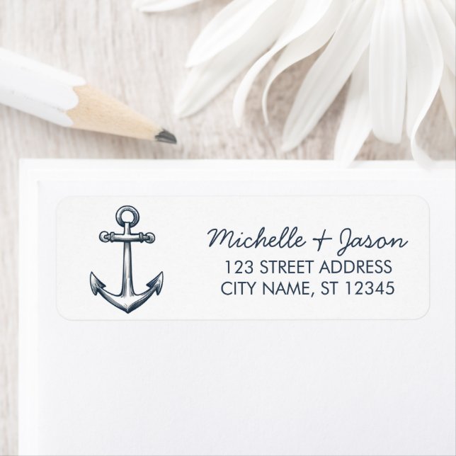 Trendy Blue Nautical Anchor Wedding Return Address Label (Insitu)