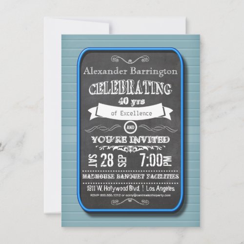 Trendy Blue Neon Chalkboard Birthday Party Invite