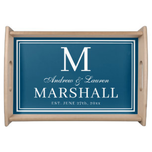 Trendy Blue Newlywed Couple Monogram Name Wedding Serving Tray
