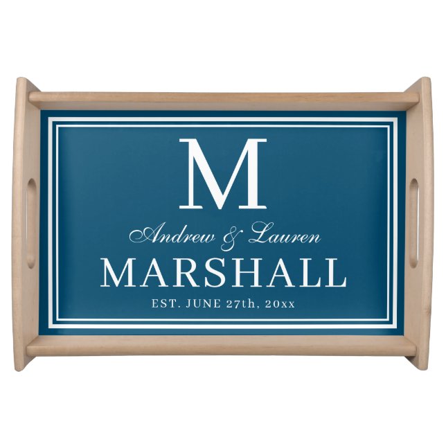 Trendy Blue Newlywed Couple Monogram Name Wedding Serving Tray (Front)