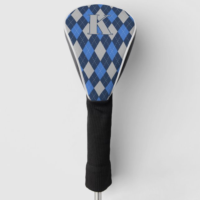 Trendy Blue on Blue Argyle Pattern Modern Monogram Golf Head Cover (Front)