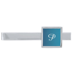 Trendy Blue on Silver Design- Monnogram P Finish Tie Clip