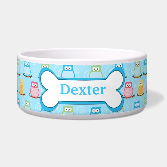 Trendy Blue Owls Customized Pet Dog Food Bowl (Front)