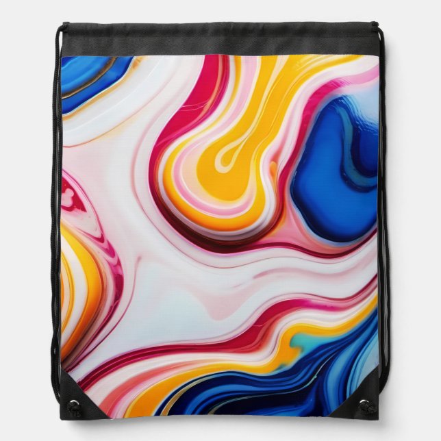 Trendy Blue Pink yellow white faux marble Drawstring Bag (Front)