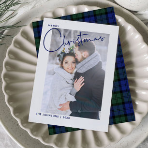 Trendy Blue Plaid Merry Christmas Script Photo Holiday Card