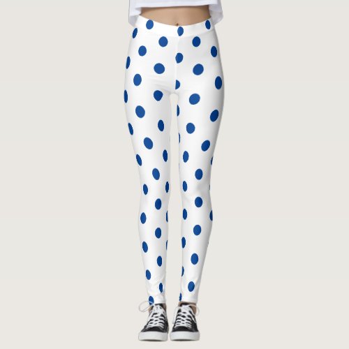 Trendy Blue Polka dot Pattern On White Retro  Leggings