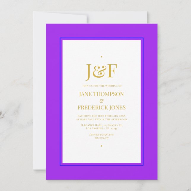 Trendy Blue, Purple, Gold, and Black Wedding Invitation (Front)