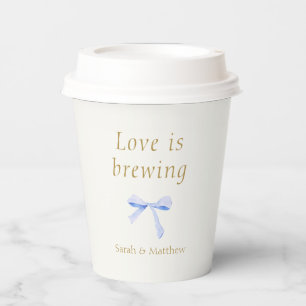 Trendy Blue Ribbon Love is Brewing Wedding Paper Cups