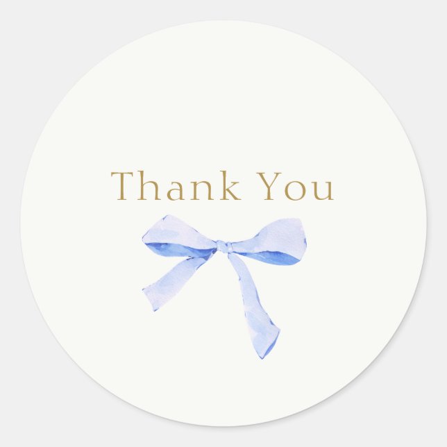 Trendy Blue Ribbon Wedding Thank You Classic Round Sticker (Front)