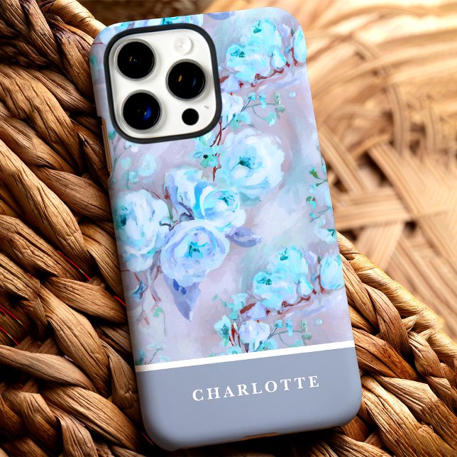 Trendy Blue Roses Custom Name Floral Case-Mate iPhone Case (Creator Uploaded)
