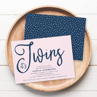 Trendy Blue Script It's Twins Girl Baby Shower Invitation